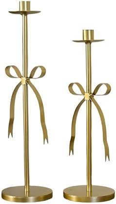 Remenna Bow Taper Candle Holders Set of 2 Gold
