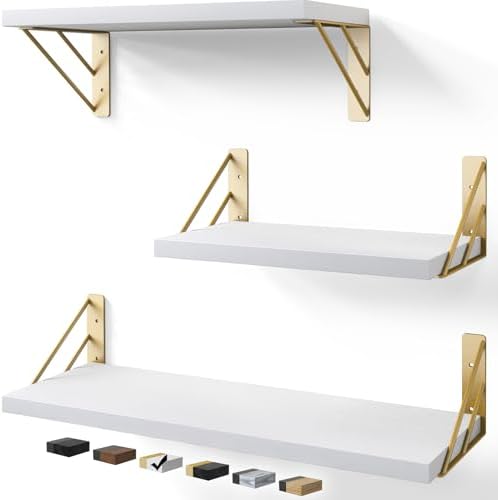 BAYKA Floating Wall Shelves Set of 3 White and Gold