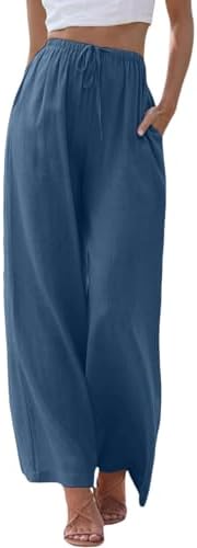 Summer Linen Wide Leg Flowy Drawstring Palazzo Pants for Women