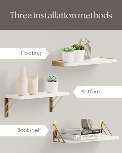 BAYKA Floating Wall Shelves Set of 3 White and Gold