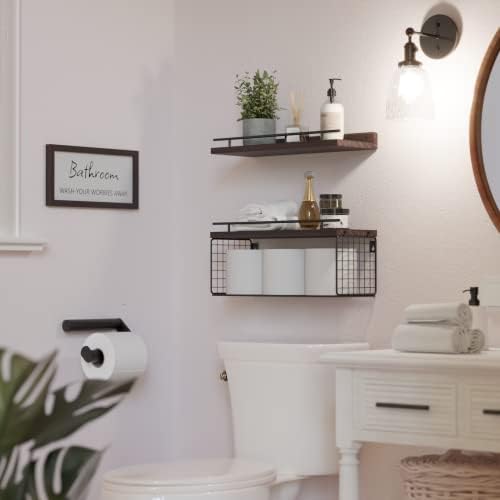 WOPITUES Floating Shelves Over Toilet with Basket and Guardrail - Rustic Brown