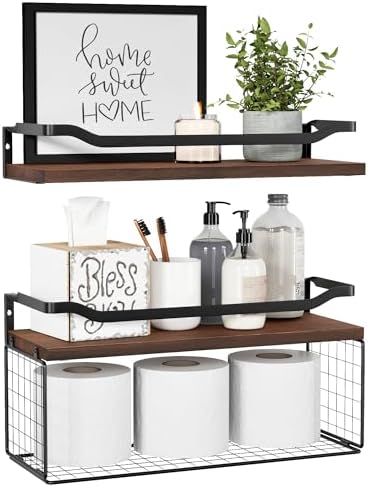WOPITUES Floating Shelves with Wire Basket and Guardrail - Dark Brown