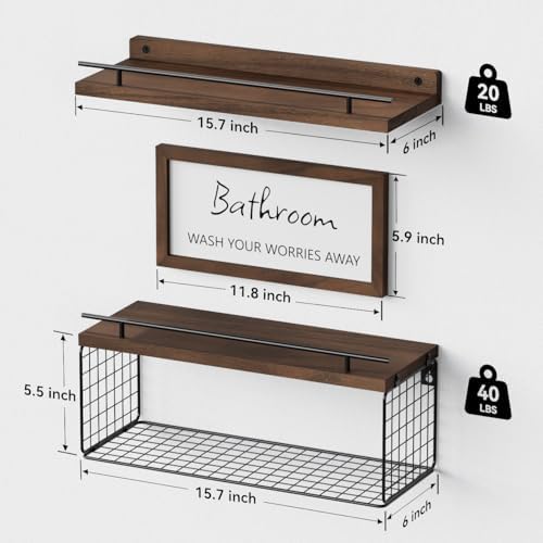 WOPITUES Floating Shelves Over Toilet with Basket and Guardrail - Rustic Brown