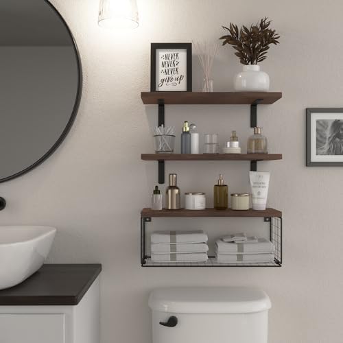 WOPITUES Floating Bathroom Shelf with Wire Basket
