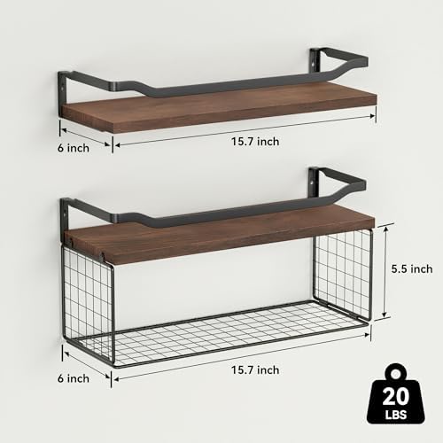 WOPITUES Floating Shelves with Wire Basket and Guardrail - Dark Brown