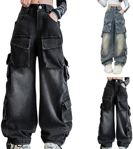 Girls Denim Cargo Pants Baggy Distressed Wide Leg Jeans with Elastic High Waist