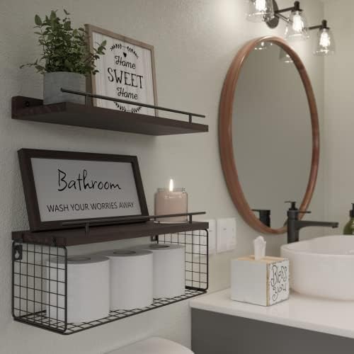 WOPITUES Floating Shelves Over Toilet with Basket and Guardrail - Rustic Brown