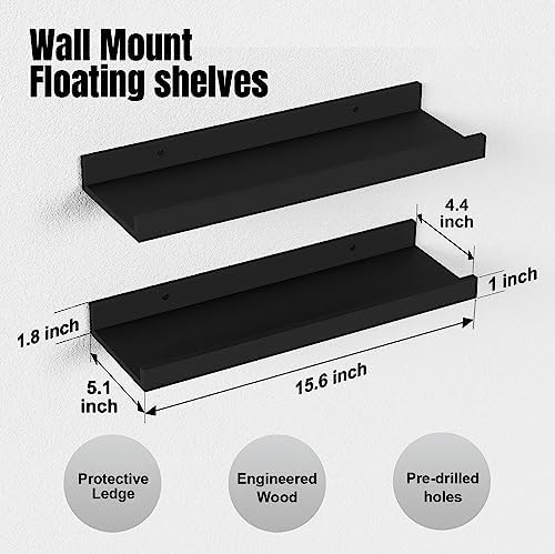 Boswillon Floating Shelves Set of 2 Modern Black Wall Shelves with Lip 1