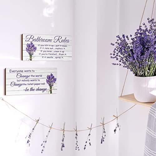 Jetec 2 Pieces Lavender Farmhouse Wooden Bathroom Signs