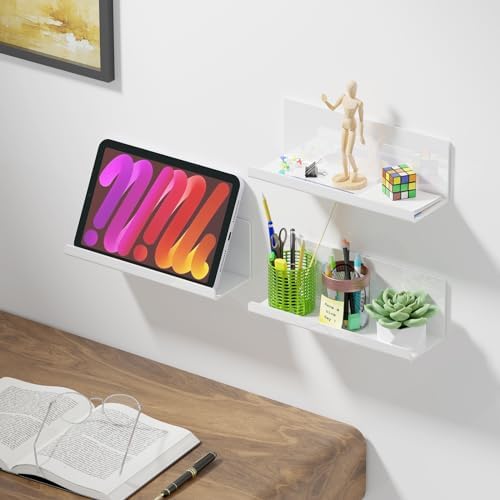PAVSTINE Acrylic Floating Shelves Set of 2 White 12 Inch Adhesive No Drill