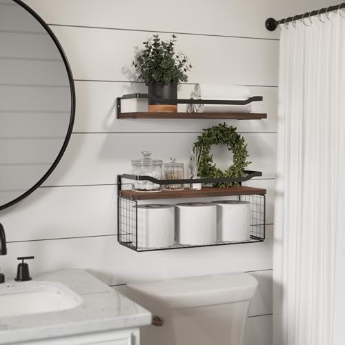 WOPITUES Floating Shelves with Wire Basket and Guardrail - Dark Brown