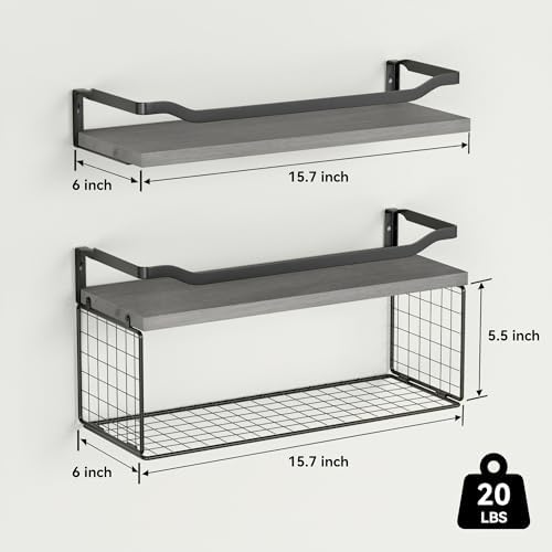 WOPITUES Floating Shelf with Wire Basket and Metal Guardrail