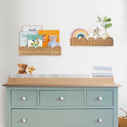 VIVIKA Floating Rattan Bookshelves Set of 2 for Kids Rooms