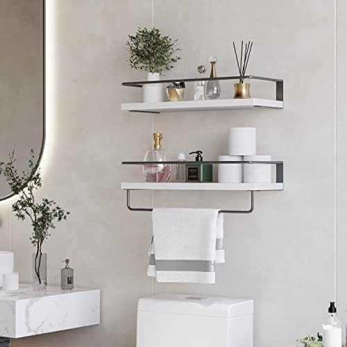 White Floating Shelves with Dark Grey Towel Rack Set of 2