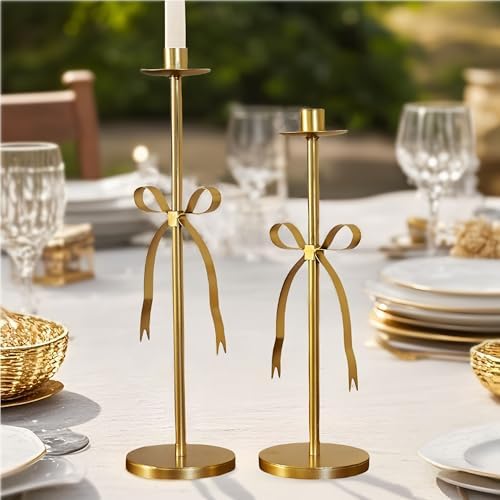 Remenna Bow Taper Candle Holders Set of 2 Gold