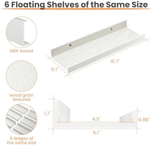 upsimples Floating Shelves Set of 6 White Wall Mounted Decor