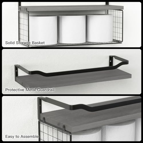 WOPITUES Floating Shelf with Wire Basket and Metal Guardrail