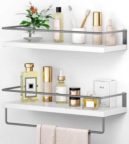 White Floating Shelves with Dark Grey Towel Rack Set of 2