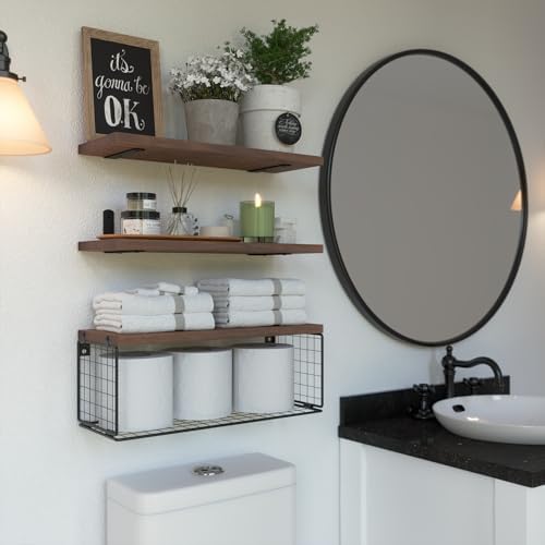 WOPITUES Floating Bathroom Shelf with Wire Basket