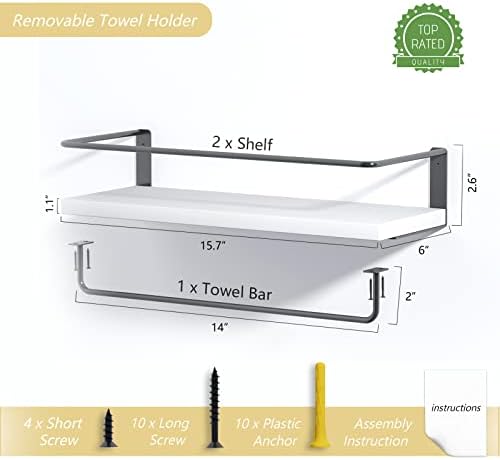 White Floating Shelves with Dark Grey Towel Rack Set of 2