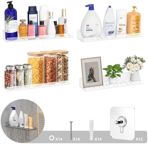 4-Pack Floating Shelves Wall Storage with Adhesive Hooks