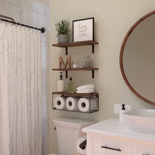 WOPITUES Floating Bathroom Shelf with Wire Basket