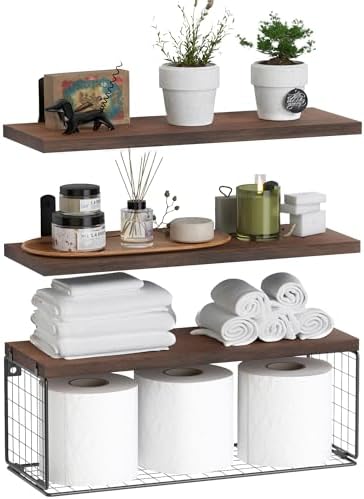 WOPITUES Floating Bathroom Shelf with Wire Basket