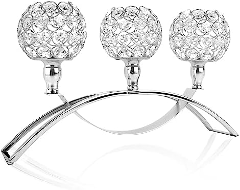 TISLYCO 3 Arms Crystal Candle Holders Silver