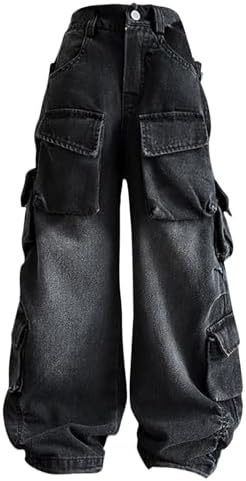 Girls Denim Cargo Pants Baggy Distressed Wide Leg Jeans with Elastic High Waist