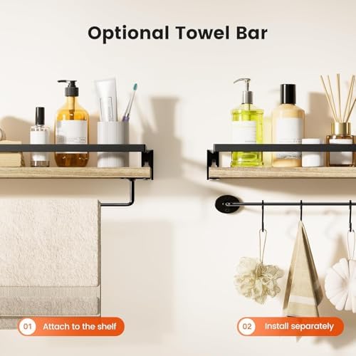 AMADA Bathroom Shelves Set of 2 with Towel Bar