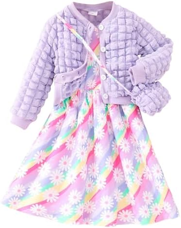 Toddler Girls Floral Print Coats Dress 3PCS Winter Outfit Set