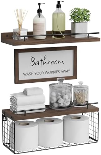 WOPITUES Floating Shelves Over Toilet with Basket and Guardrail - Rustic Brown