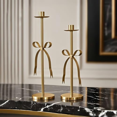 Remenna Bow Taper Candle Holders Set of 2 Gold