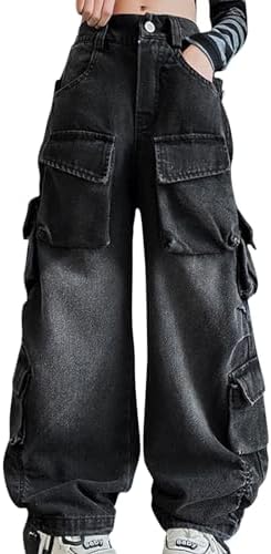 Girls Denim Cargo Pants Baggy Distressed Wide Leg Jeans with Elastic High Waist