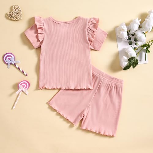 Toddler Girls 2PCS Summer Short Sleeve Solid Tops Shorts Outfit