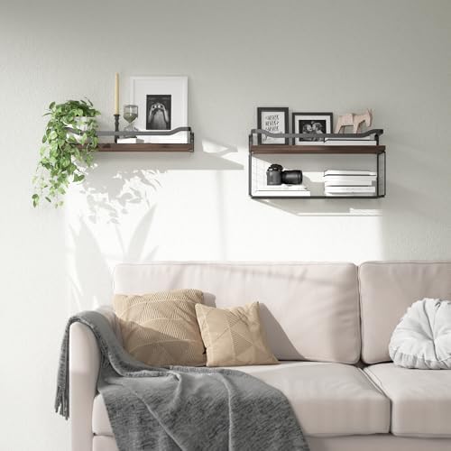WOPITUES Floating Shelves with Wire Basket and Guardrail - Dark Brown