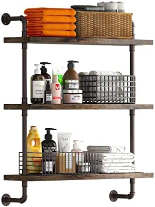 Helsin 3 Tier Industrial Pipe Shelf with Rustic Wood