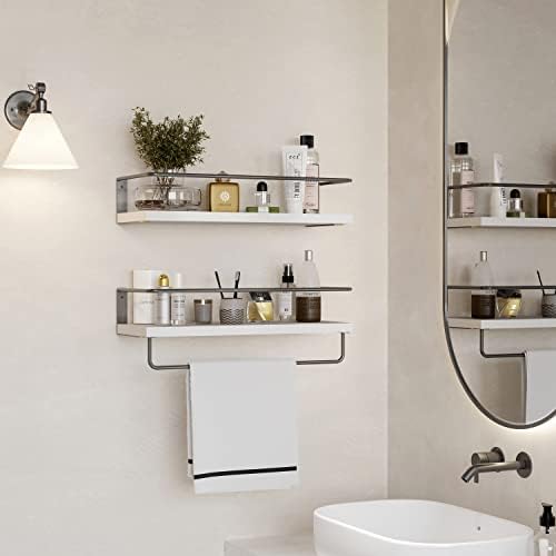 White Floating Shelves with Dark Grey Towel Rack Set of 2