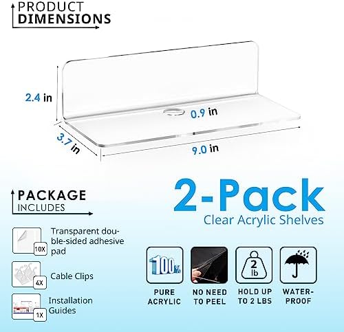 OAPRIRE Clear Floating Shelves Set of 2 - Non-Damaging Stylish Wall Storage