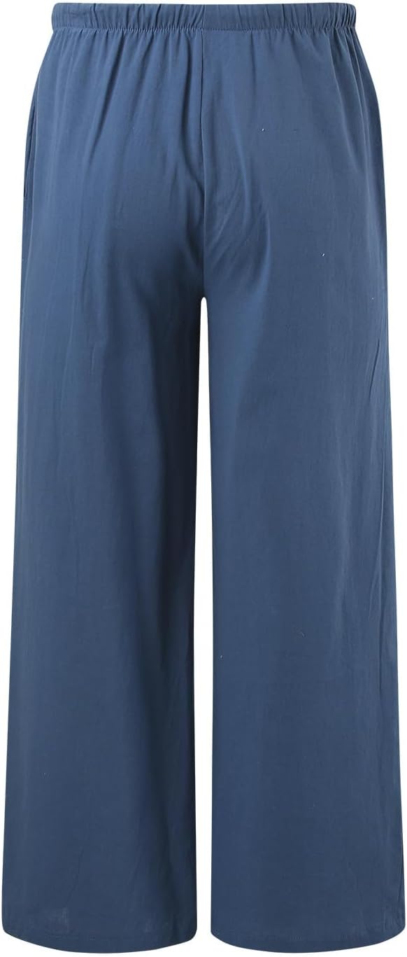 Summer Linen Wide Leg Flowy Drawstring Palazzo Pants for Women