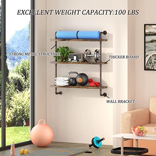 Helsin 3 Tier Industrial Pipe Shelf with Rustic Wood