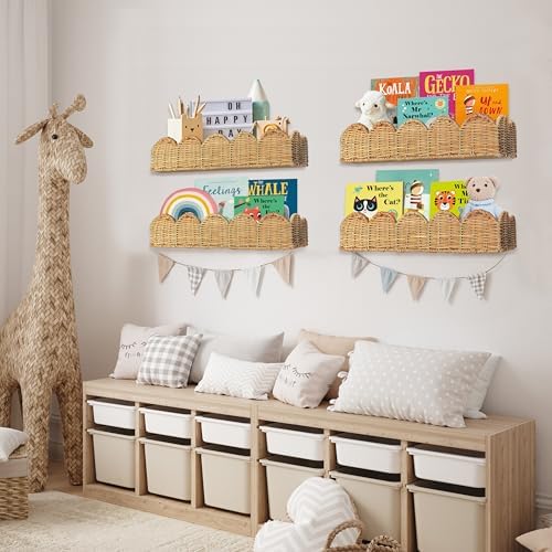 VIVIKA Floating Rattan Bookshelves Set of 2 for Kids Rooms