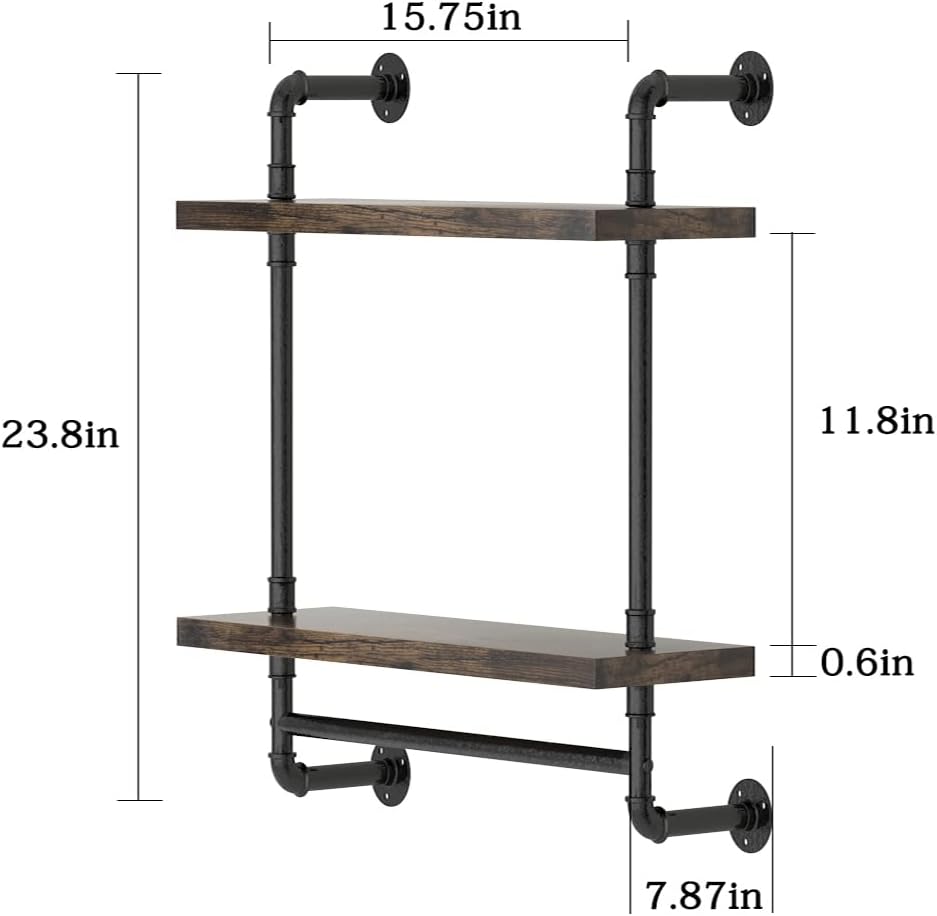 Helsin 2 Tier Industrial Pipe Floating Shelf with Towel Bar 1