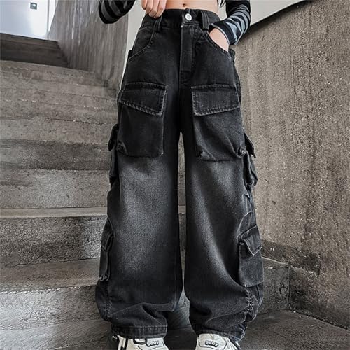 Girls Denim Cargo Pants Baggy Distressed Wide Leg Jeans with Elastic High Waist