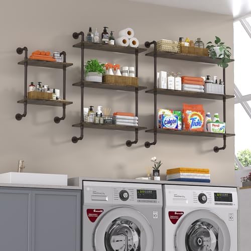 Helsin 3 Tier Industrial Pipe Shelf with Rustic Wood