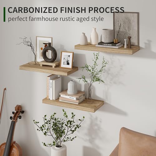 Marsmiles Wood Floating Shelves Set of 3 17 Inch Wide Rustic Carbonized Black
