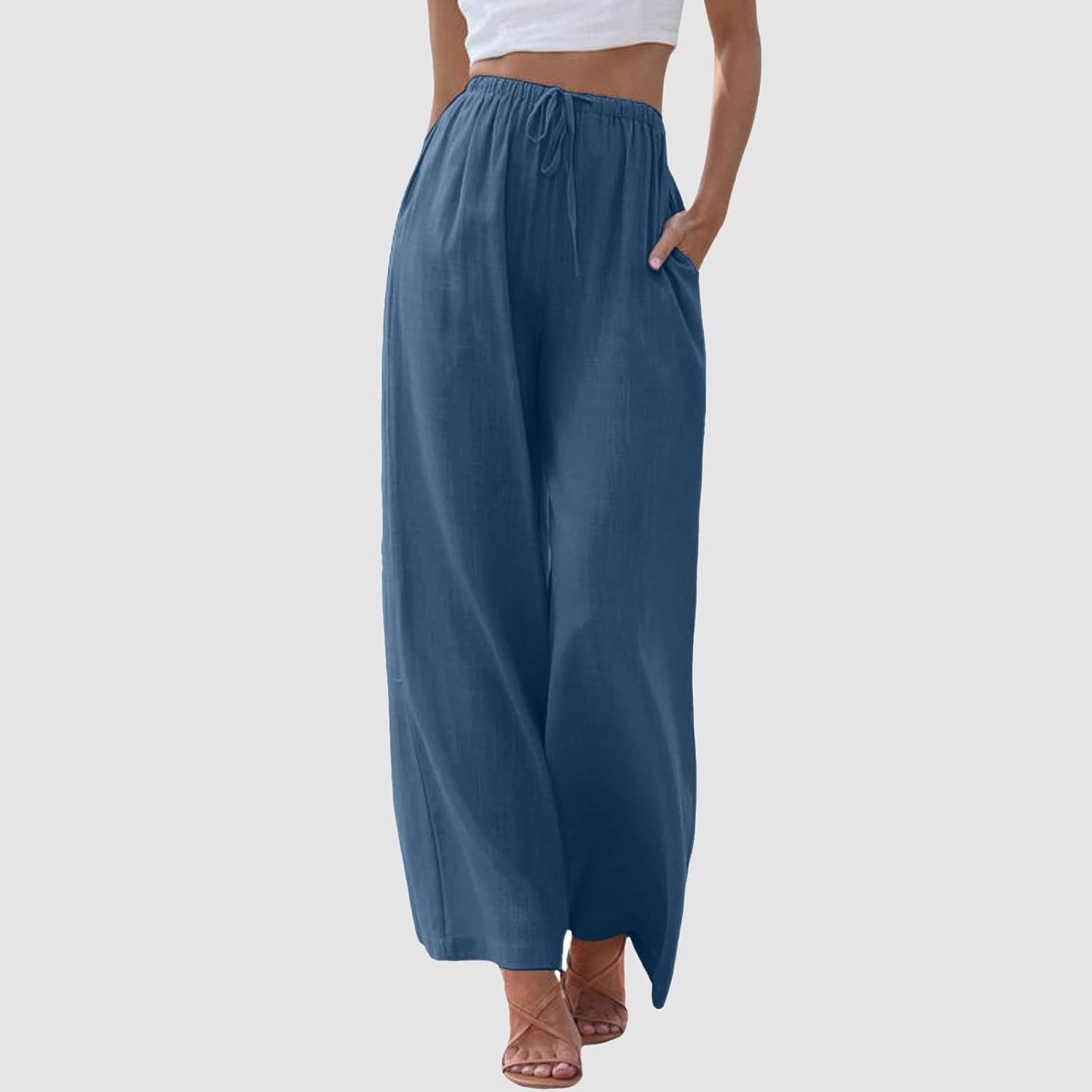 Summer Linen Wide Leg Flowy Drawstring Palazzo Pants for Women