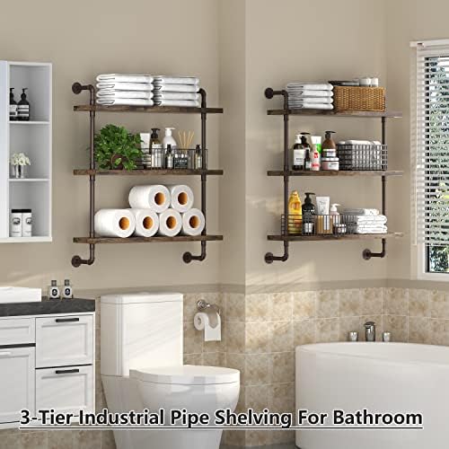 Helsin 3 Tier Industrial Pipe Shelf with Rustic Wood