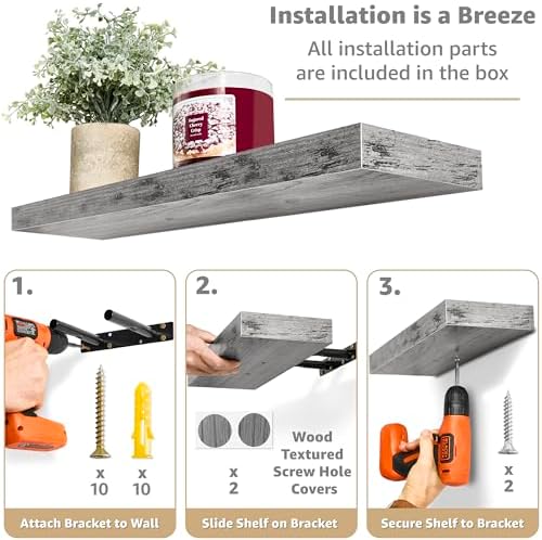 Sorbus Rustic Grey Floating Shelves 24x9 Inch 2 Pack