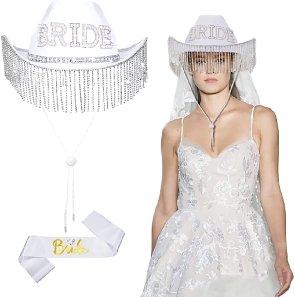 Handmade Bride Hat with Fringe and Shoulder Strap Set 1